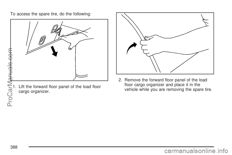 SATURN VUE 2007 User Guide To access the spare tire, do the following:
1. Lift the forward �oor panel of the load �oor
cargo organizer.2. Remove the forward �oor panel of the load
�oor cargo organizer and place it in the
vehicl