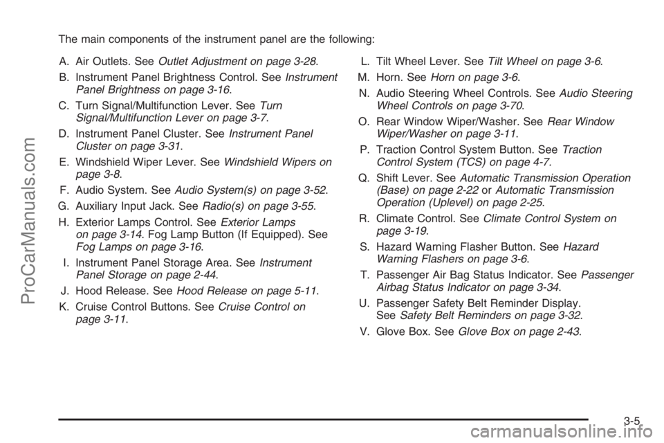 SATURN VUE 2008  Owners Manual The main components of the instrument panel are the following:
A. Air Outlets. SeeOutlet Adjustment on page 3-28.
B. Instrument Panel Brightness Control. SeeInstrument
Panel Brightness on page 3-16.
C