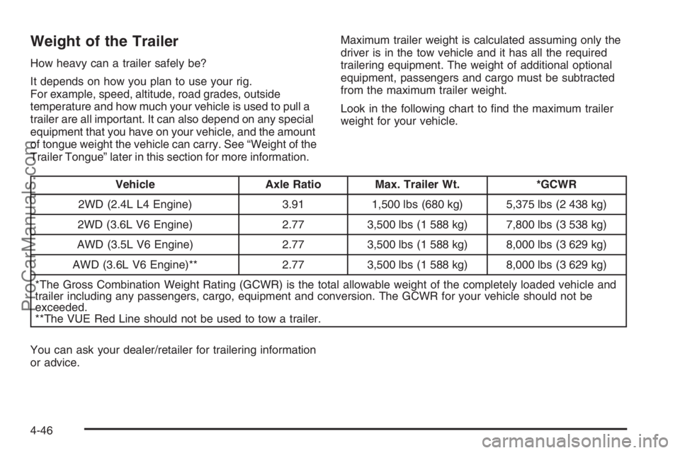 SATURN VUE 2008 User Guide Weight of the Trailer
How heavy can a trailer safely be?
It depends on how you plan to use your rig.
For example, speed, altitude, road grades, outside
temperature and how much your vehicle is used to