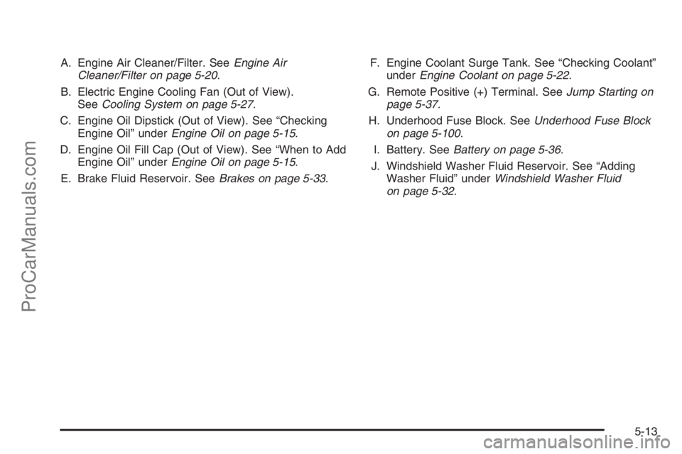SATURN VUE 2008  Owners Manual A. Engine Air Cleaner/Filter. SeeEngine Air
Cleaner/Filter on page 5-20.
B. Electric Engine Cooling Fan (Out of View).
SeeCooling System on page 5-27.
C. Engine Oil Dipstick (Out of View). See “Chec