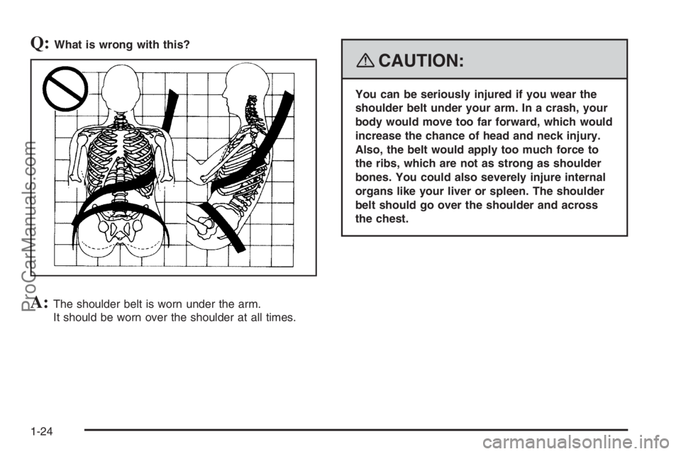 SATURN VUE 2008 Owners Manual Q:What is wrong with this?
A:The shoulder belt is worn under the arm.
It should be worn over the shoulder at all times.
{CAUTION:
You can be seriously injured if you wear the
shoulder belt under your 