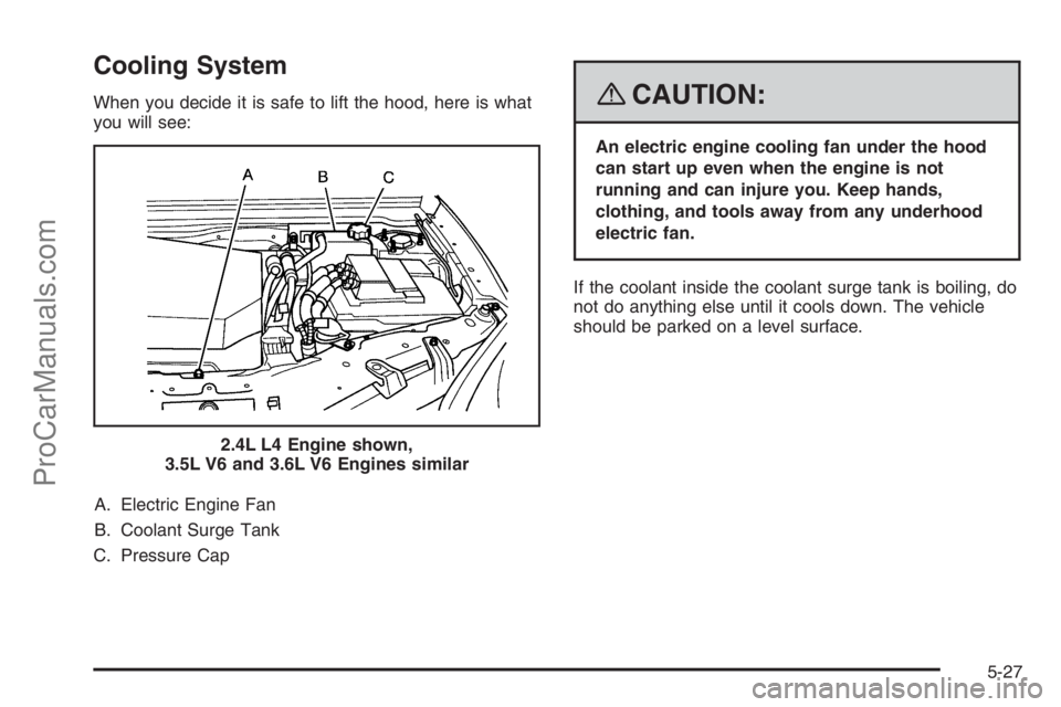 SATURN VUE 2008  Owners Manual Cooling System
When you decide it is safe to lift the hood, here is what
you will see:
A. Electric Engine Fan
B. Coolant Surge Tank
C. Pressure Cap{CAUTION:
An electric engine cooling fan under the ho