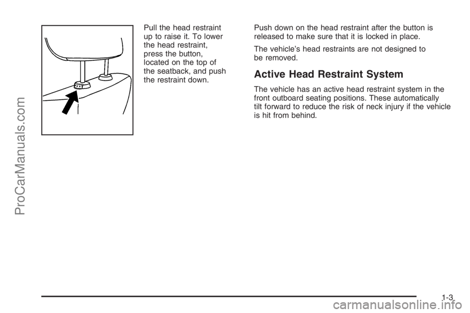 SATURN VUE 2008  Owners Manual Pull the head restraint
up to raise it. To lower
the head restraint,
press the button,
located on the top of
the seatback, and push
the restraint down.Push down on the head restraint after the button 