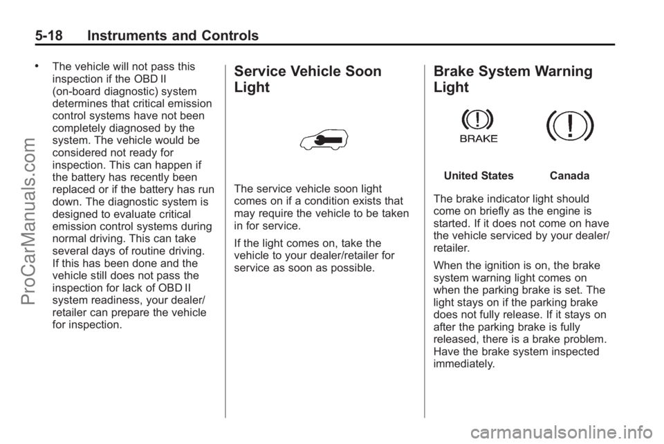 SATURN VUE 2010  Owners Manual 5-18 Instruments and Controls
.The vehicle will not pass this
inspection if the OBD II
(on-board diagnostic) system
determines that critical emission
control systems have not been
completely diagnosed