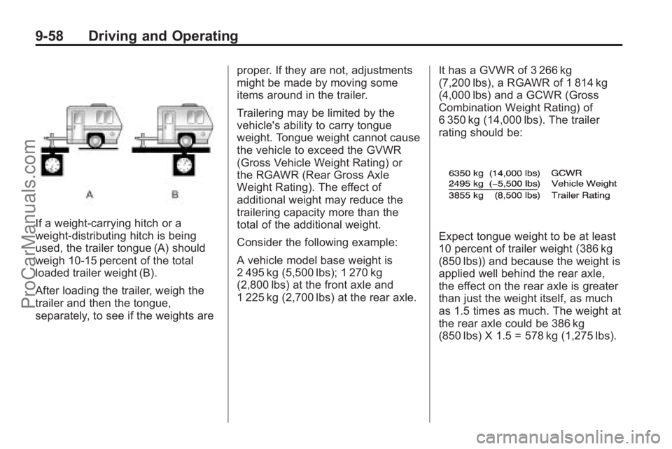 SATURN VUE 2010 Owners Manual 9-58 Driving and Operating
If a weight-carrying hitch or a
weight-distributing hitch is being
used, the trailer tongue (A) should
weigh 10‐15 percent of the total
loaded trailer weight (B).
After lo SATURN VUE 2010 Owners Manual 9-58 Driving and Operating
If a weight-carrying hitch or a
weight-distributing hitch is being
used, the trailer tongue (A) should
weigh 10‐15 percent of the total
loaded trailer weight (B).
After lo