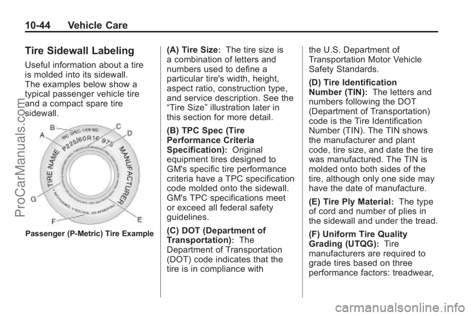 SATURN VUE 2010 Owners Manual 10-44 Vehicle Care
Tire Sidewall Labeling
Useful information about a tire
is molded into its sidewall.
The examples below show a
typical passenger vehicle tire
and a compact spare tire
sidewall.
Passe SATURN VUE 2010 Owners Manual 10-44 Vehicle Care
Tire Sidewall Labeling
Useful information about a tire
is molded into its sidewall.
The examples below show a
typical passenger vehicle tire
and a compact spare tire
sidewall.
Passe