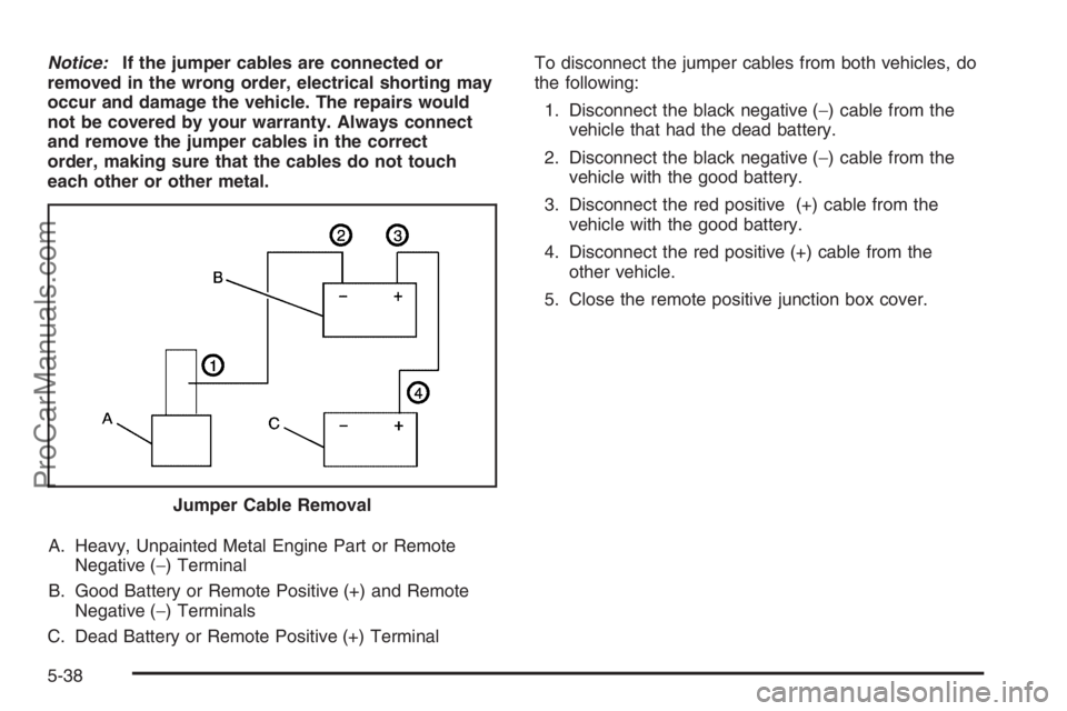 SATURN VUE HYBRID 2008  Owners Manual Notice:If the jumper cables are connected or
removed in the wrong order, electrical shorting may
occur and damage the vehicle. The repairs would
not be covered by your warranty. Always connect
and rem