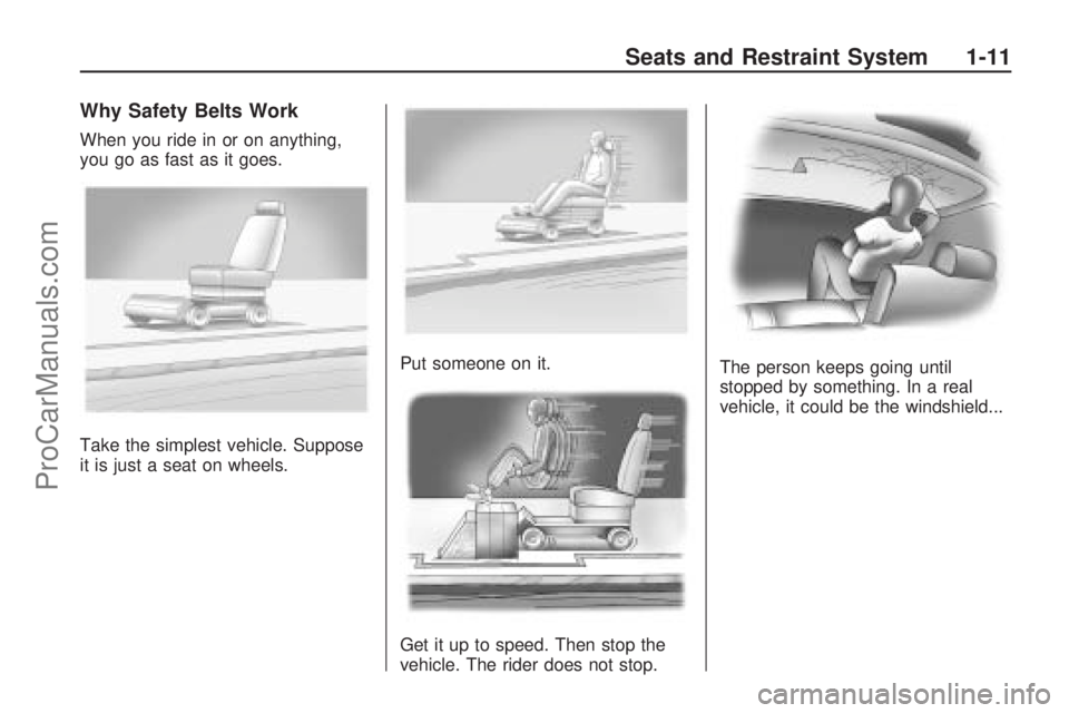 SATURN VUE HYBRID 2009 User Guide Why Safety Belts Work
When you ride in or on anything,
you go as fast as it goes.
Take the simplest vehicle. Suppose
it is just a seat on wheels.Put someone on it.
Get it up to speed. Then stop the
ve