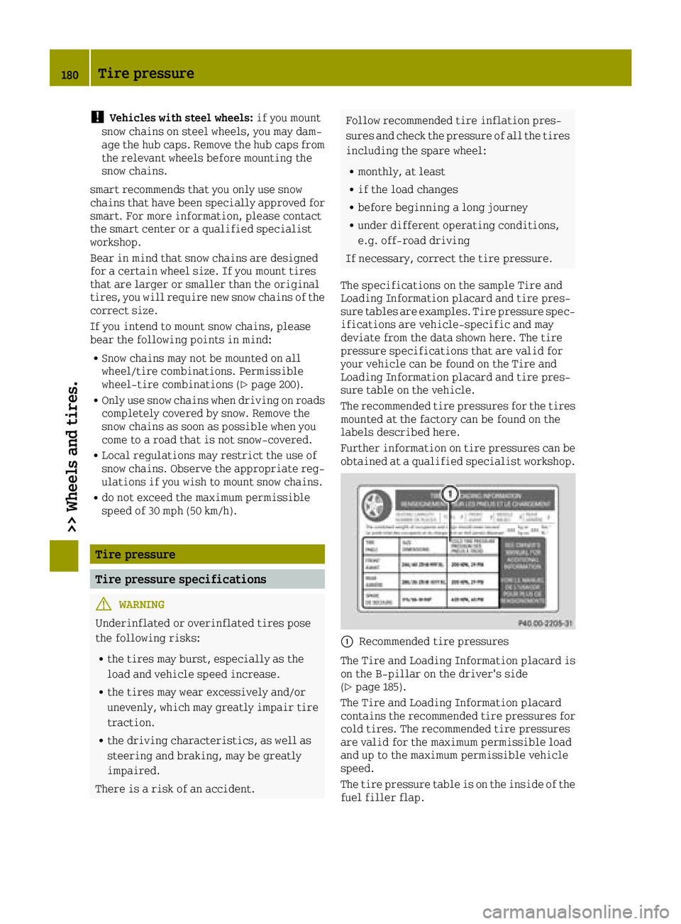 SMART FORTWO 2016  Owners Manual !Vehicles with steel wheels:if you mount
snow chains on steel wheels, you may dam-
age the hub caps. Remove the hub caps from
the relevant wheels before mounting the
snow chains.
smart recommends that