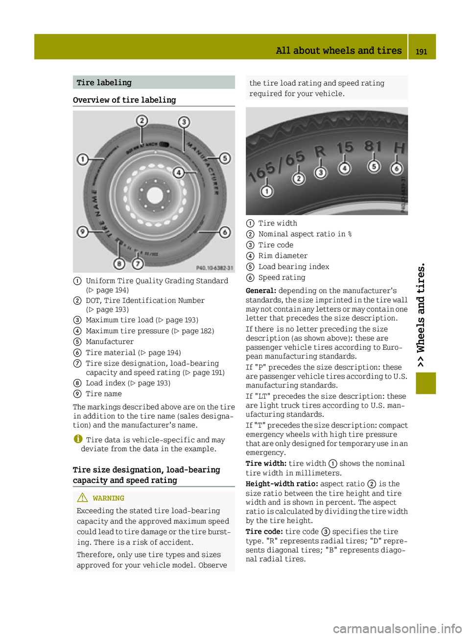 SMART FORTWO 2016 Owners Manual Tire labeling
Overview of tire labeling
0043Uniform Tire Quality Grading Standard
(Ypage 194)
0044DOT, Tire Identification Number
(Ypage 193)
0087Maximum tire load (Ypage 193)
0085Maximum tire pressur SMART FORTWO 2016 Owners Manual Tire labeling
Overview of tire labeling
0043Uniform Tire Quality Grading Standard
(Ypage 194)
0044DOT, Tire Identification Number
(Ypage 193)
0087Maximum tire load (Ypage 193)
0085Maximum tire pressur