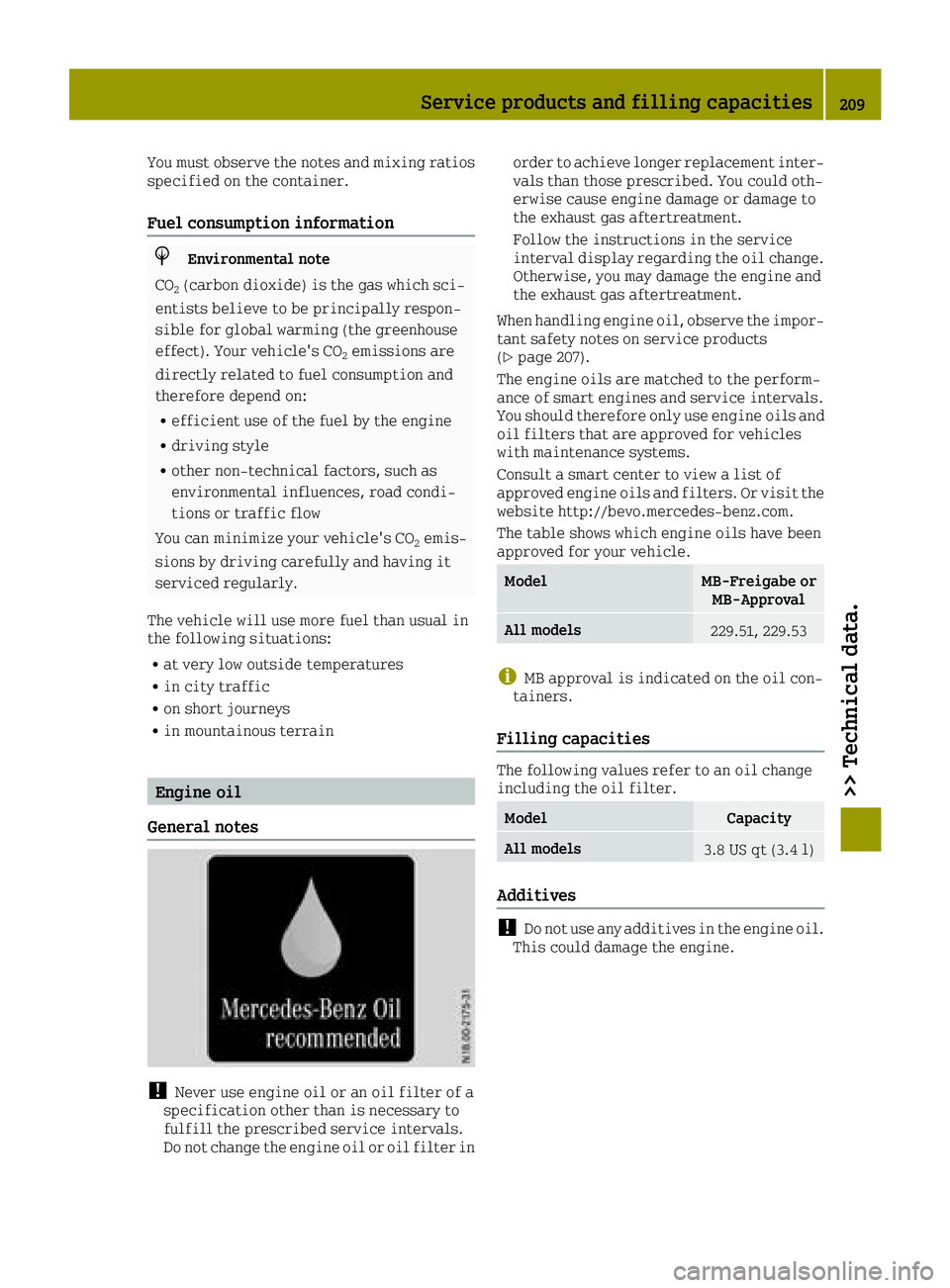 SMART FORTWO 2016 Owners Manual You must observe the notes and mixing ratios
specified on the container.
Fuel consumption information
HEnvironmental note
CO
2(carbon dioxide) is the gas which sci-
entists believe to be principally r SMART FORTWO 2016 Owners Manual You must observe the notes and mixing ratios
specified on the container.
Fuel consumption information
HEnvironmental note
CO
2(carbon dioxide) is the gas which sci-
entists believe to be principally r