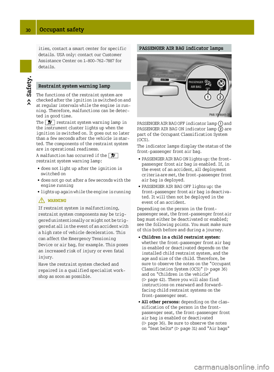 SMART FORTWO 2016 User Guide ities, contact a smart center for specific
details. USA only: contact our Customer
Assistance Center on 1-800‑762-7887 for
details.
Restraint system warning lamp
The functions of the restraint syste SMART FORTWO 2016 User Guide ities, contact a smart center for specific
details. USA only: contact our Customer
Assistance Center on 1-800‑762-7887 for
details.
Restraint system warning lamp
The functions of the restraint syste
