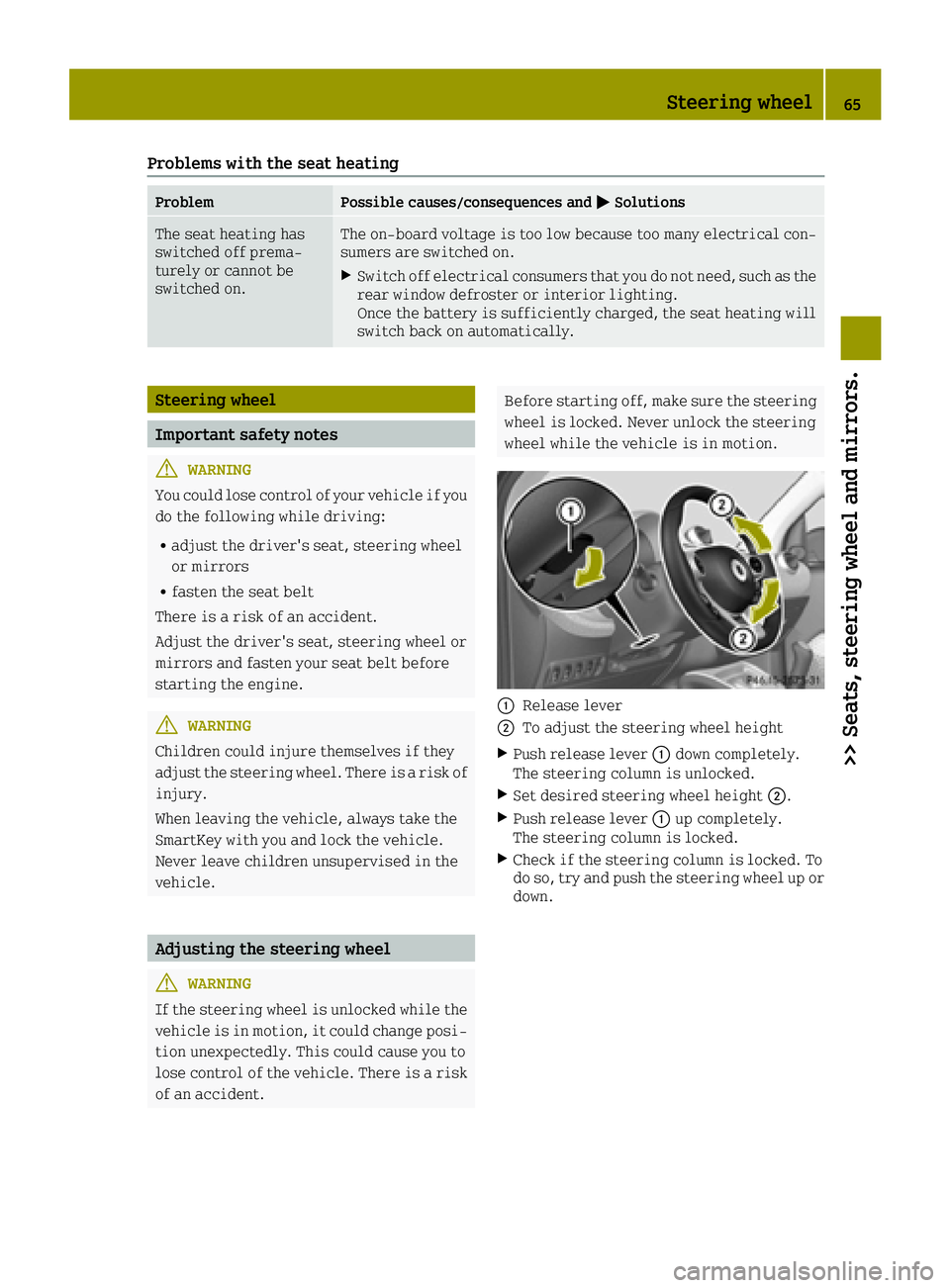 SMART FORTWO 2016  Owners Manual Problems with the seat heating
ProblemPossible causes/consequences and0050Solutions
The seat heating has
switched off prema-
turely or cannot be
switched on.The on-board voltage is too low because too