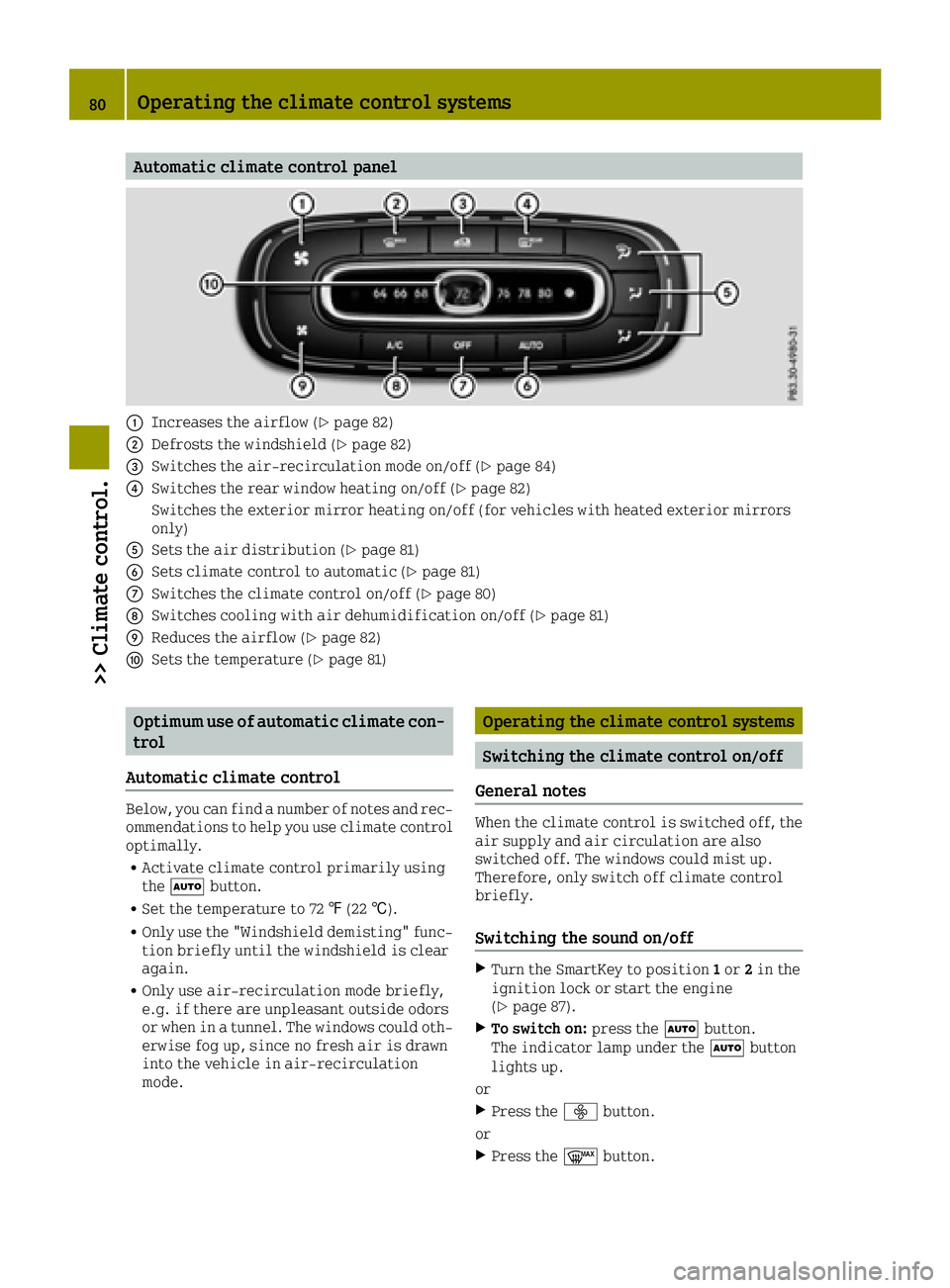SMART FORTWO 2016 Owners Manual Automatic climate control panel
0043Increases the airflow (Ypage 82)
0044Defrosts the windshield (Ypage 82)
0087Switches the air-recirculation mode on/off (Ypage 84)
0085Switches the rear window heati SMART FORTWO 2016 Owners Manual Automatic climate control panel
0043Increases the airflow (Ypage 82)
0044Defrosts the windshield (Ypage 82)
0087Switches the air-recirculation mode on/off (Ypage 84)
0085Switches the rear window heati