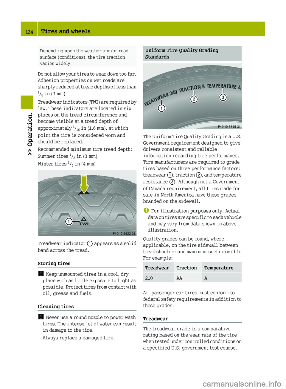 SMART FORTWO COUPE 2010  Owners Manual Depending upon the weather and/or road
surface (conditions), the tire traction
varies widely.
Do not allow your tires to wear down too far.
Adhesion properties on wet roads are
sharply reduced at trea