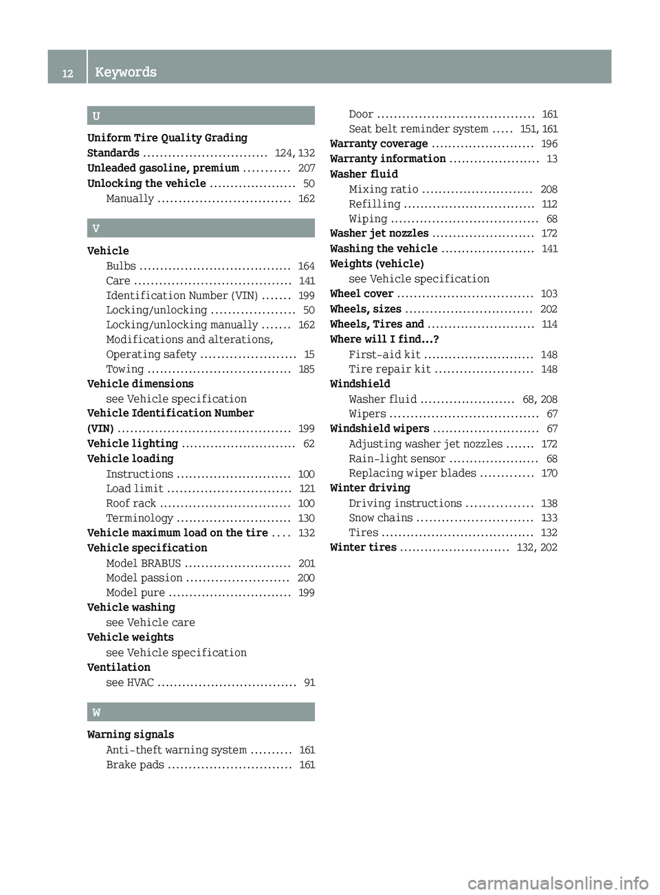 SMART FORTWO COUPE 2010  Owners Manual U
Uniform Tire Quality Grading
Standards  .............................. 124, 132
Unleaded gasoline, premium  ........... 207
Unlocking the vehicle  ..................... 50
Manually  ................