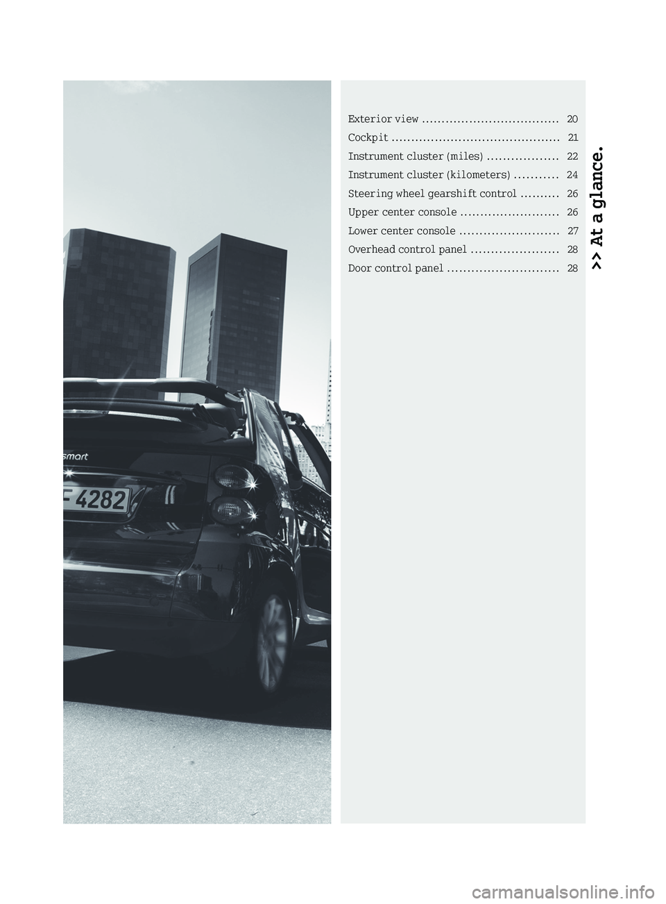 SMART FORTWO COUPE 2010 Owners Manual >> At a glance.Exterior view ................................... 20
Cockpit  ........................................... 21
Instrument cluster (miles)  ..................22
Instrument cluster (kilomet