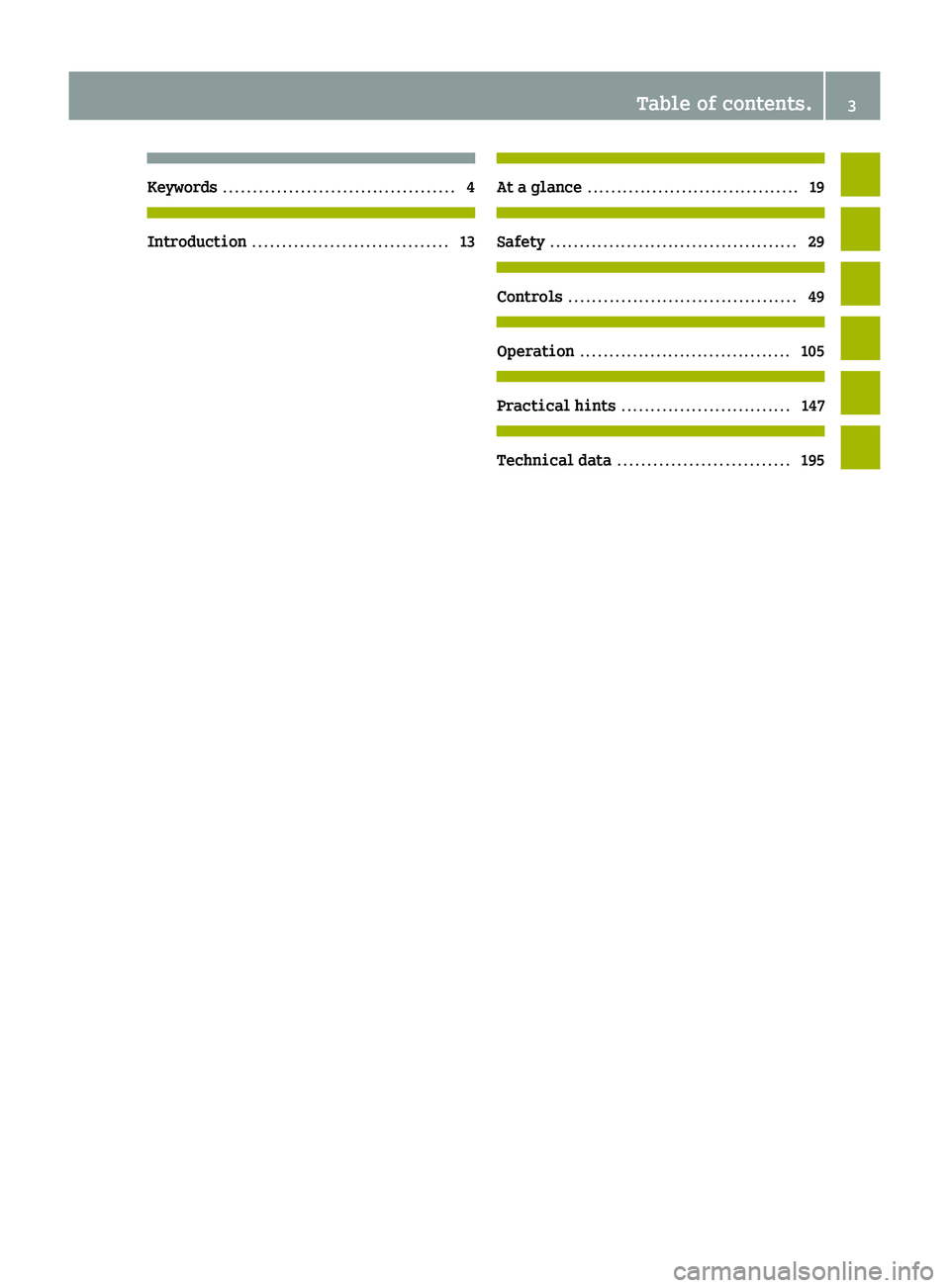 SMART FORTWO COUPE 2010  Owners Manual Keywords ....................................... 4Introduction ................................. 13At a glance .................................... 19Safety .......................................... 