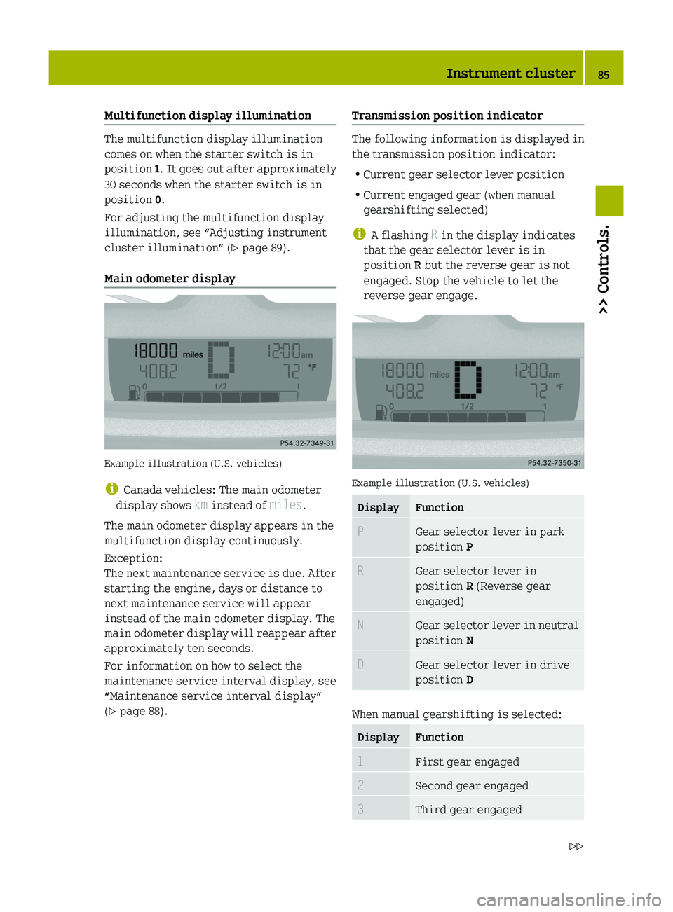 SMART FORTWO COUPE 2010  Owners Manual Multifunction display illumination
The multifunction display illumination
comes on when the starter switch is in
position  1. It goes out after approximately
30 seconds when the starter switch is in
p