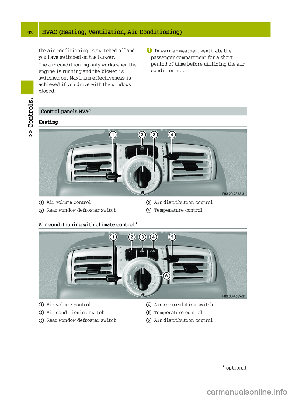 SMART FORTWO COUPE 2010  Owners Manual the air conditioning is switched off and
you have switched on the blower.
The air conditioning only works when the
engine is running and the blower is
switched on. Maximum effectiveness is
achieved if