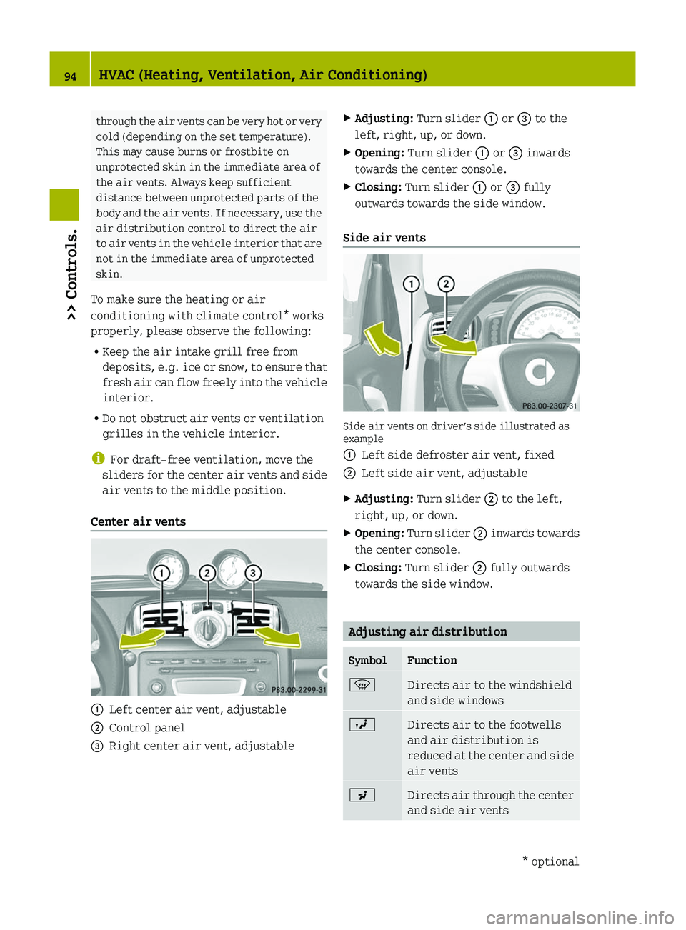 SMART FORTWO COUPE 2010  Owners Manual through the air vents can be very hot or very
cold (depending on the set temperature).
This may cause burns or frostbite on
unprotected skin in the immediate area of
the air vents. Always keep suffici