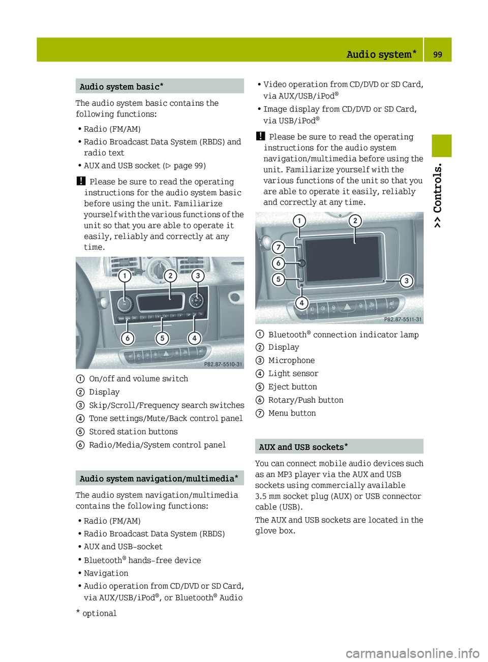 SMART FORTWO COUPE 2012  Owners Manual Audio system basic*
The audio system basic contains the
following functions:
R Radio (FM/AM)
R Radio Broadcast Data System (RBDS) and
radio text
R AUX and USB socket ( Y page 99)
!  Please be sure to 