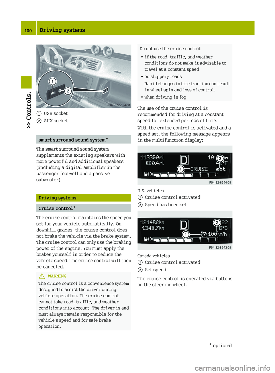 SMART FORTWO COUPE 2012  Owners Manual :
USB socket
; AUX socket smart surround sound system*
The smart surround sound system
supplements the existing speakers with
more powerful and additional speakers
(including a digital amplifier in th