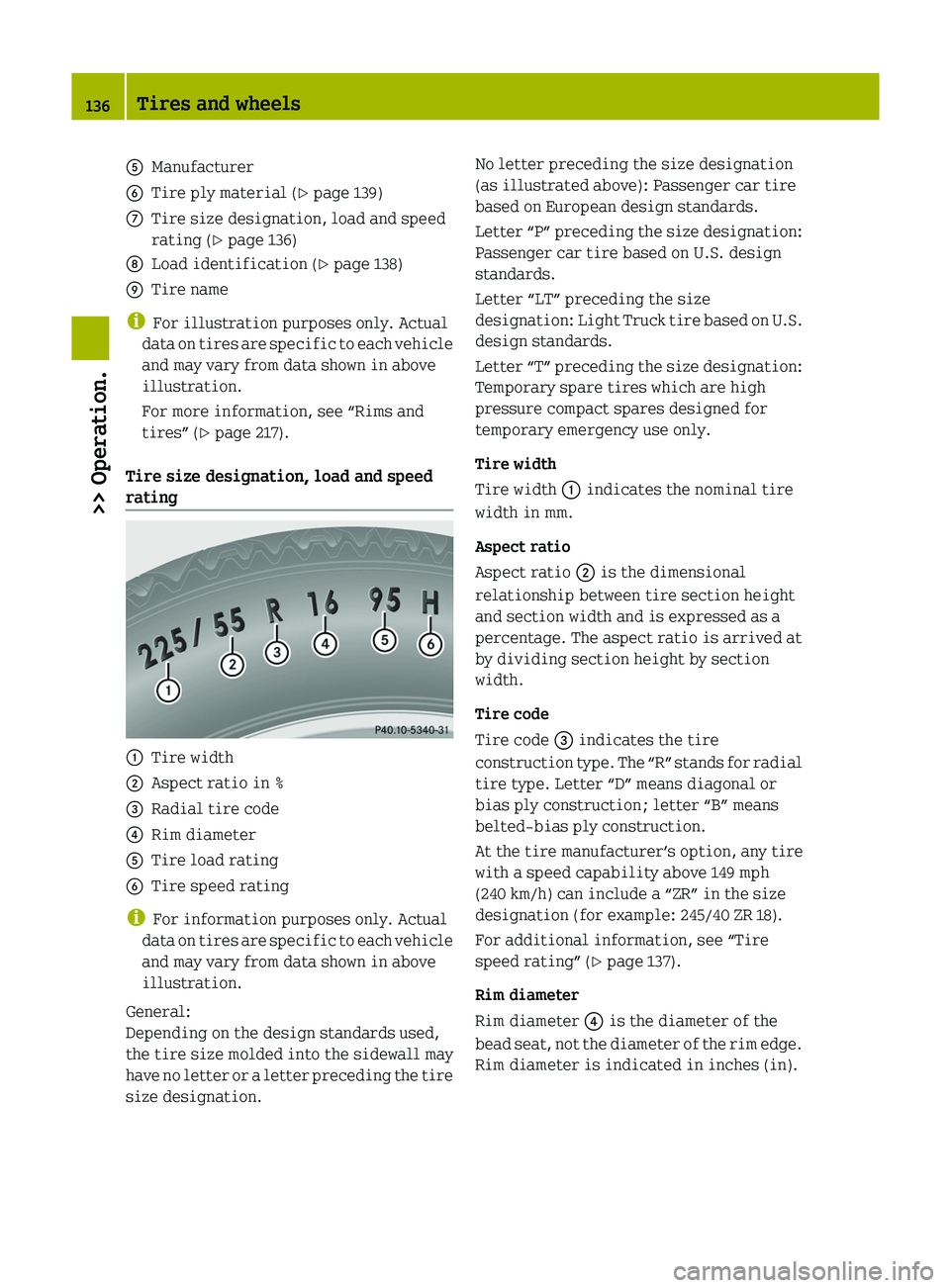 SMART FORTWO COUPE 2012 Owners Manual A
Manufacturer
B Tire ply material ( Y page 139)
C Tire size designation, load and speed
rating (Y page 136)
D Load identification (Y page 138)
E Tire name
i For illustration purposes only. Actual
dat SMART FORTWO COUPE 2012 Owners Manual A
Manufacturer
B Tire ply material ( Y page 139)
C Tire size designation, load and speed
rating (Y page 136)
D Load identification (Y page 138)
E Tire name
i For illustration purposes only. Actual
dat