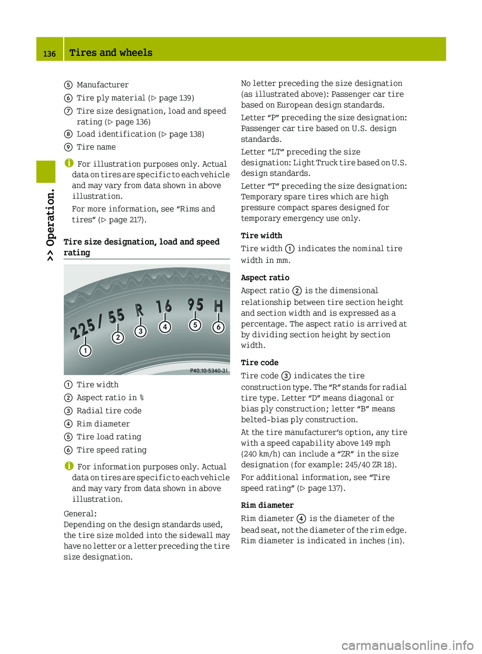 SMART FORTWO COUPE 2012  Owners Manual A
Manufacturer
B Tire ply material ( Y page 139)
C Tire size designation, load and speed
rating (Y page 136)
D Load identification (Y page 138)
E Tire name
i For illustration purposes only. Actual
dat