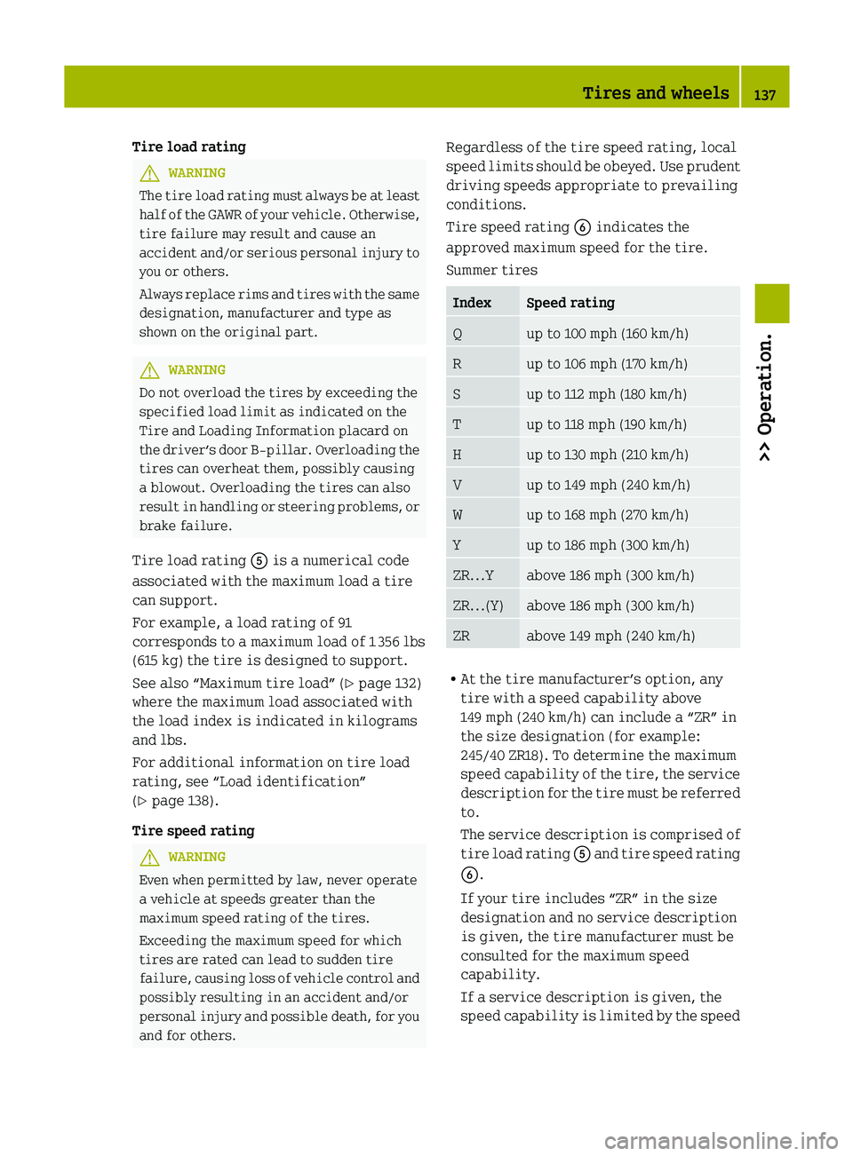 SMART FORTWO COUPE 2012 Owners Manual Tire load rating
G
WARNING
The tire load rating must always be at least
half of the GAWR of your vehicle. Otherwise,
tire failure may result and cause an
accident and/or serious personal injury to
yo SMART FORTWO COUPE 2012 Owners Manual Tire load rating
G
WARNING
The tire load rating must always be at least
half of the GAWR of your vehicle. Otherwise,
tire failure may result and cause an
accident and/or serious personal injury to
yo