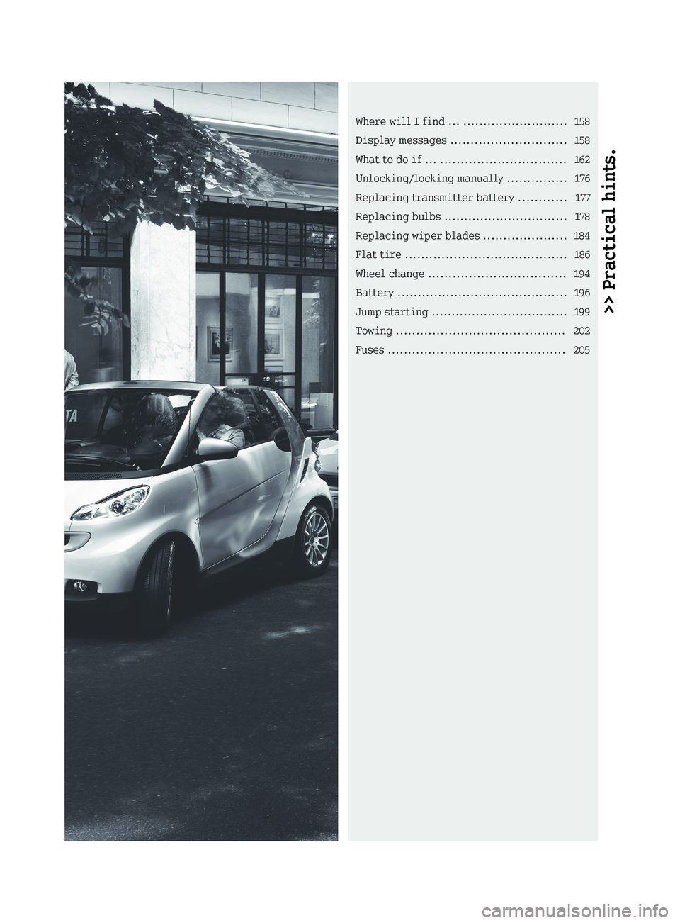 SMART FORTWO COUPE 2012  Owners Manual >> Practical hints.Where will I find ... 
.......................... 158
Display messages  ............................. 158
What to do if ... ............................... 162
Unlocking/locking man