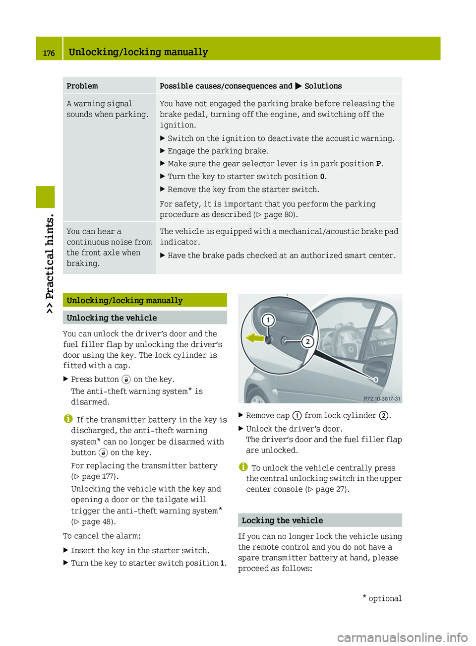 SMART FORTWO COUPE 2012 Owners Manual Problem Possible causes/consequences and
M SolutionsA warning signal
sounds when parking. You have not engaged the parking brake before releasing the
brake pedal, turning off the engine, and switchin SMART FORTWO COUPE 2012 Owners Manual Problem Possible causes/consequences and
M SolutionsA warning signal
sounds when parking. You have not engaged the parking brake before releasing the
brake pedal, turning off the engine, and switchin