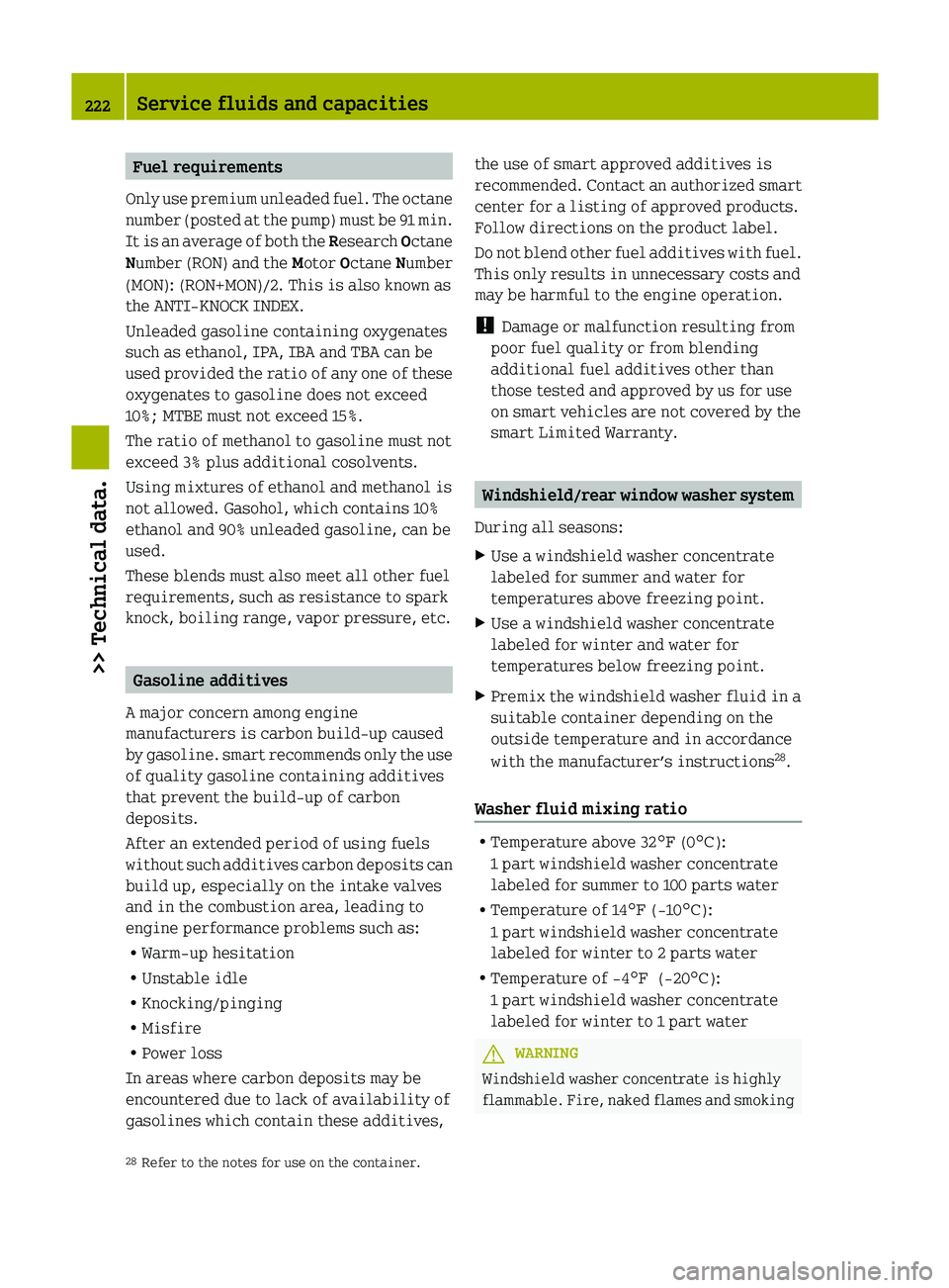 SMART FORTWO COUPE 2012  Owners Manual Fuel requirements
Only  use premium unleaded fuel. The octane
number (posted at the pump) must be 91 min.
It is an average of both the  Research Octane
Number (RON) and the  Motor Octane  Number
(MON)