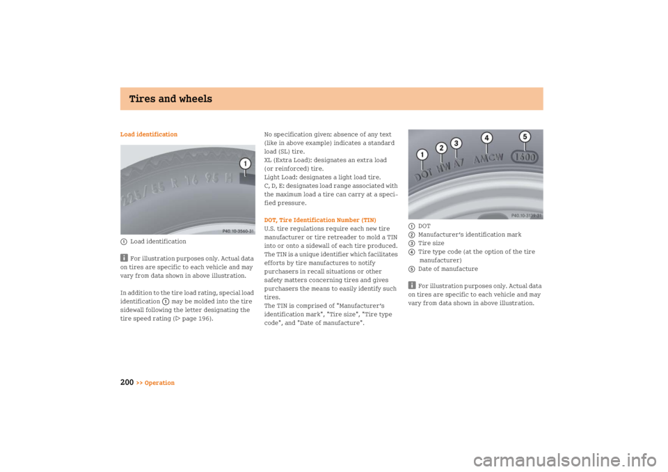 SMART FORTWO COUPE 2008  Owners Manual Tires and wheels
200
>> Operation Load identification
1
Load identification
i
For illustration purposes only. Actual data 
on tires are specific to each vehicle and may 
vary from data shown in above 