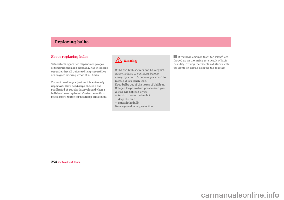 SMART FORTWO COUPE 2008  Owners Manual Replacing bulbs
254
>> Practical hints.
About replacing bulbsSafe vehicle operation depends on proper 
exterior lighting and signaling. It is therefore 
essential that all bulbs and lamp assemblies 
a