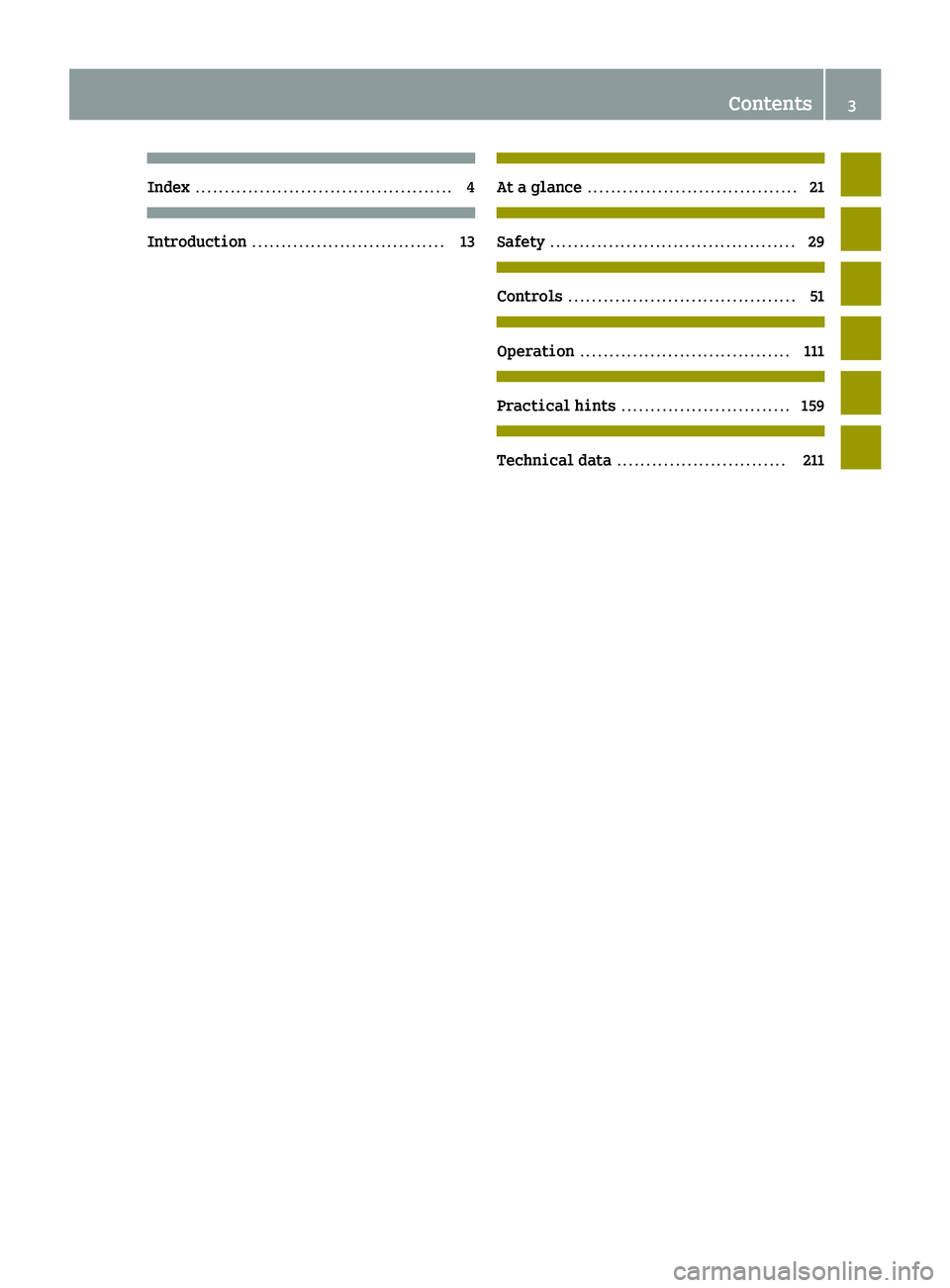 SMART FORTWO COUPE 2015  Owners Manual Index
............................................ 4Introduction
................................. 13 At a glance
.................................... 21 Safety
.......................................