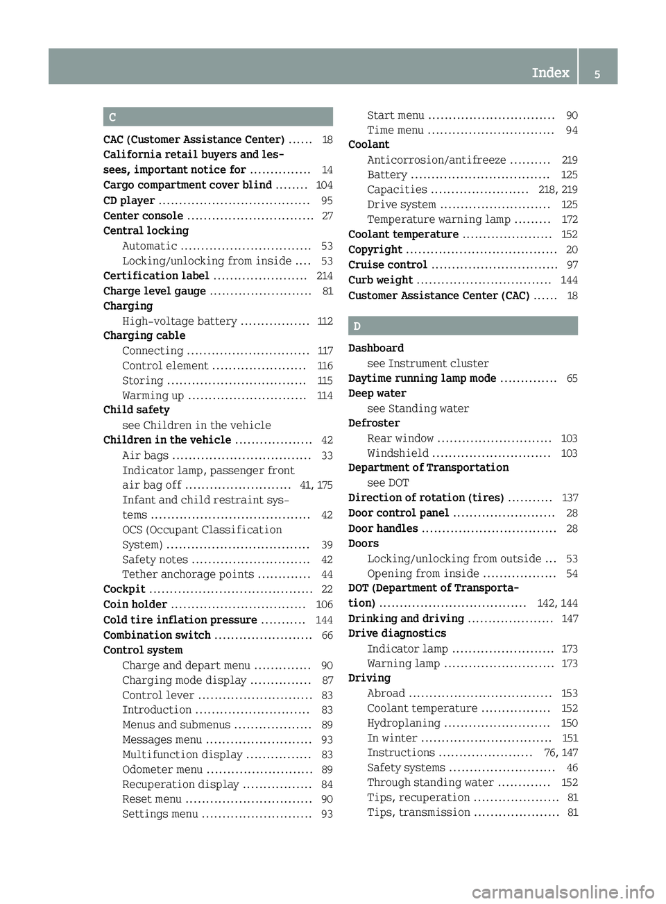 SMART FORTWO COUPE 2015  Owners Manual C
CAC (Customer Assistance Center) ...... 18
California retail buyers and les-
sees, important notice for ............... 14
Cargo compartment cover blind ........ 104
CD player ......................