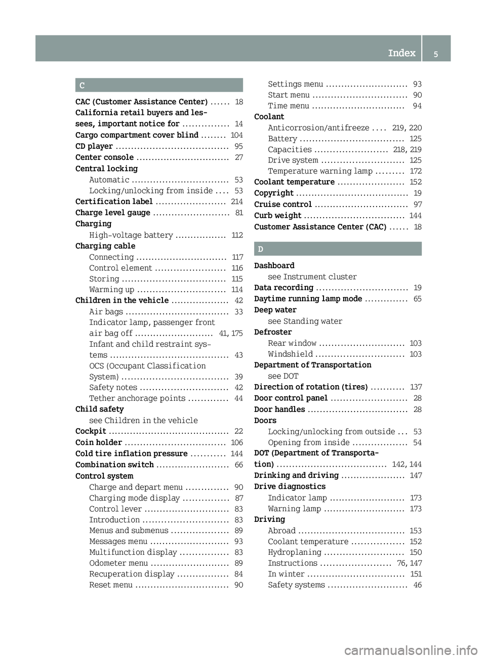 SMART FORTWO COUPE 2014  Owners Manual C
CAC (Customer Assistance Center) ......18
California retail buyers and les-
sees, important notice for ...............14
Cargo compartment cover blind ........104
CD player .........................