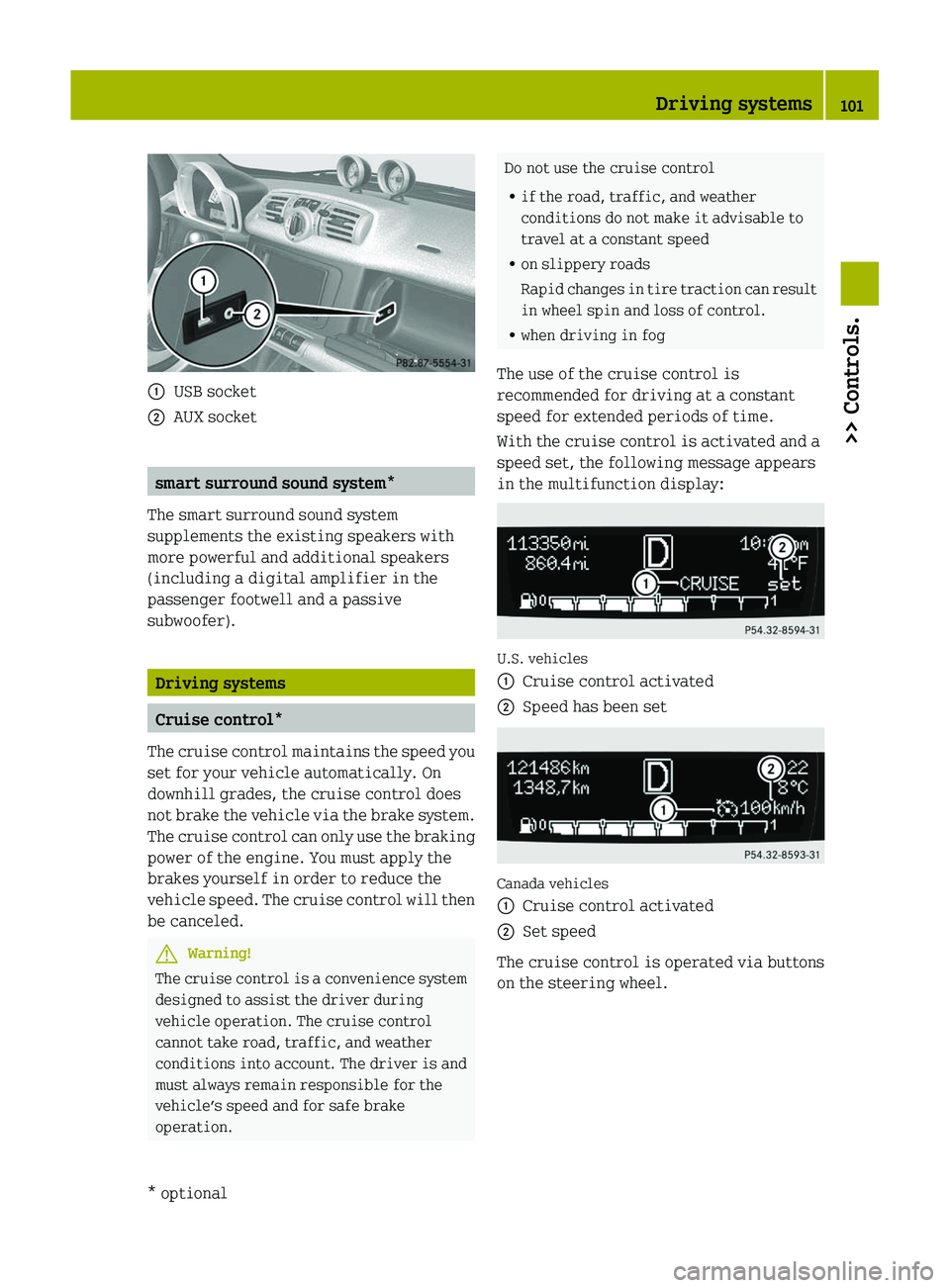 SMART FORTWO COUPE 2011  Owners Manual \000FUSB socket\000GAUX socket
smart surround sound system*
The smart surround sound system
supplements the existing speakers with
more powerful and additional speakers
(including a digital amplifier 