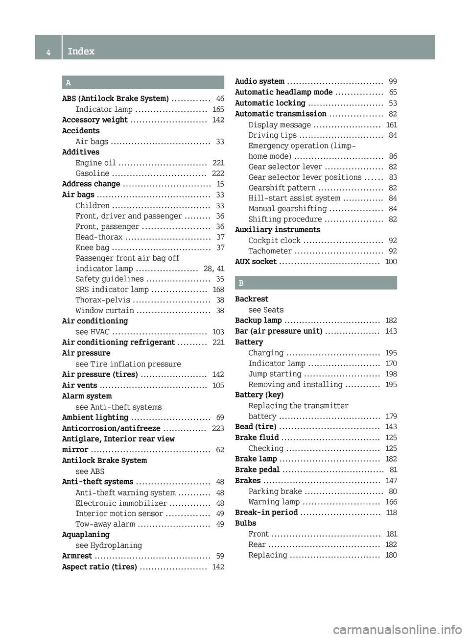 SMART FORTWO COUPE 2011  Owners Manual A
ABS (Antilock Brake System)  ............. 46
Indicator lamp  ........................ 165
Accessory weight  .......................... 142
Accidents Air bags  .................................. 33
