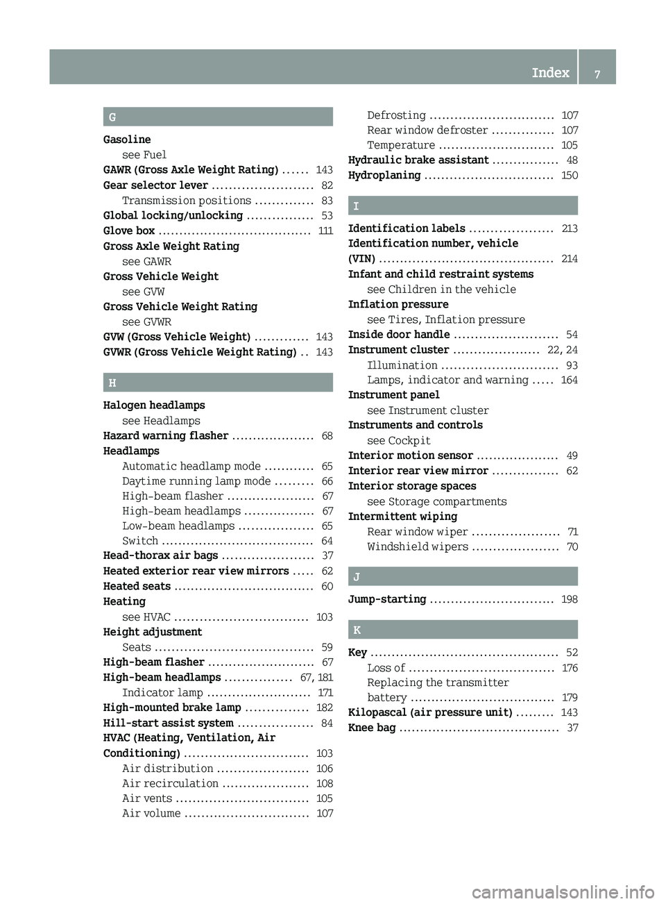 SMART FORTWO COUPE 2011  Owners Manual G
Gasoline see Fuel                                                    
GAWR (Gross Axle Weight Rating)  ...... 143
Gear selector lever  ........................ 82
Transmission positions  ...........