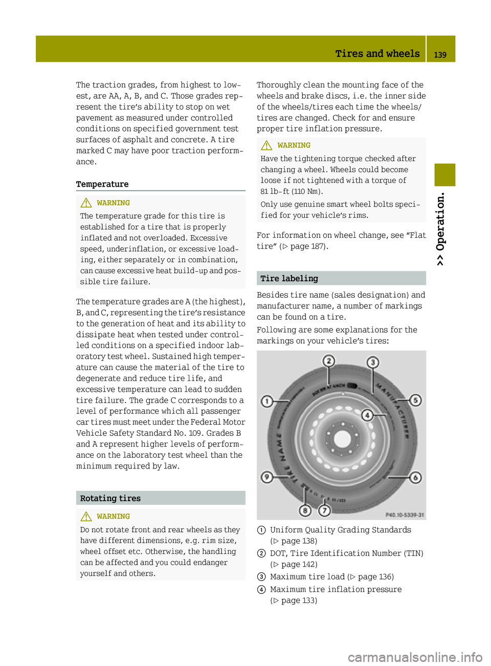 SMART FORTWO COUPE ELECTRIC DRIVE 2015 Owners Manual The traction grades, from highest to low-
est, are AA, A, B, and C. Those grades rep-
resent the tire’s ability to stop on wet
pavement as measured under controlled
conditions on specified governmen SMART FORTWO COUPE ELECTRIC DRIVE 2015 Owners Manual The traction grades, from highest to low-
est, are AA, A, B, and C. Those grades rep-
resent the tire’s ability to stop on wet
pavement as measured under controlled
conditions on specified governmen