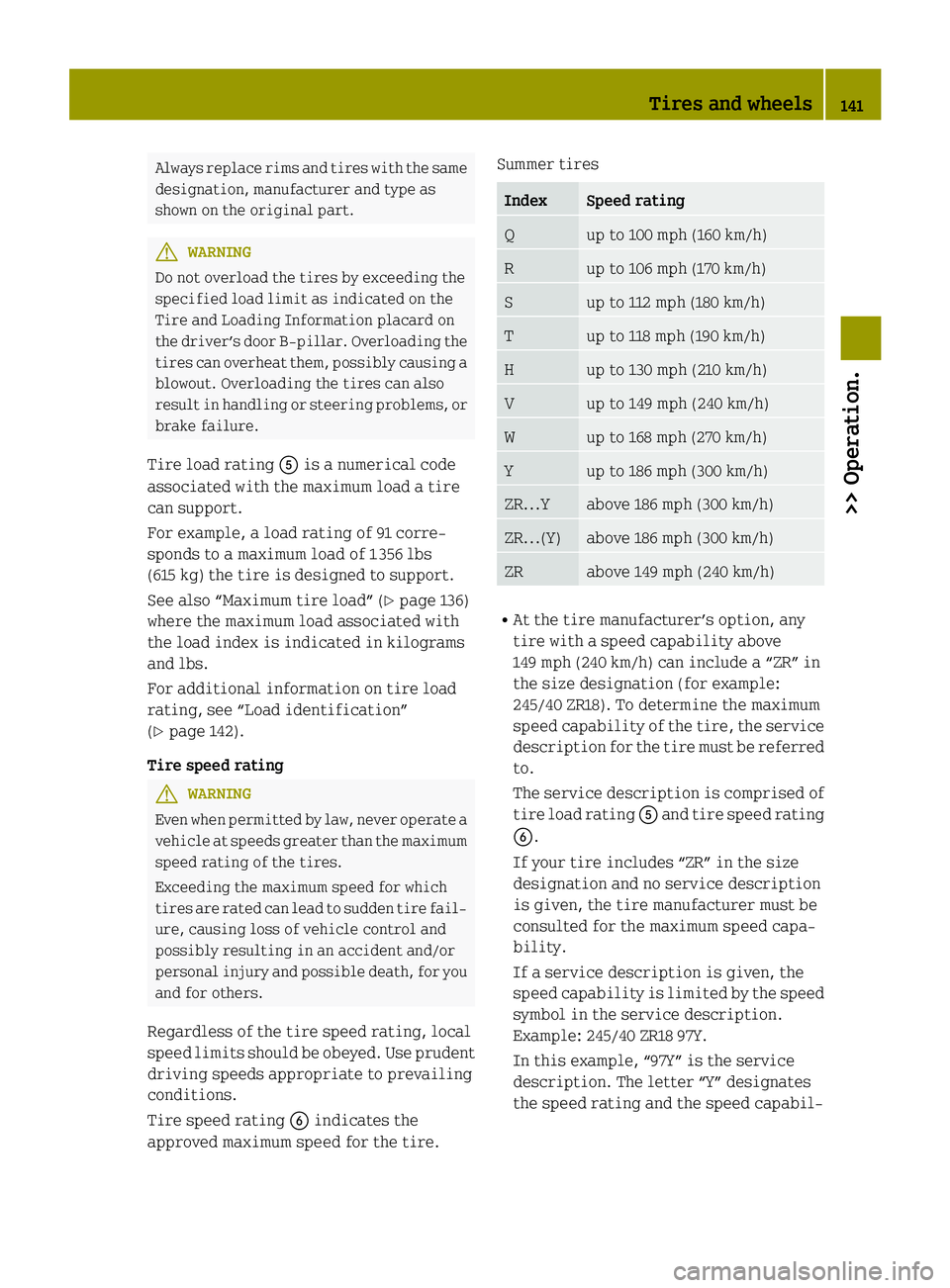 SMART FORTWO COUPE ELECTRIC DRIVE 2015 Owners Manual Always replace rims and tires with the same
designation, manufacturer and type as
shown on the original part. G
WARNING
Do not overload the tires by exceeding the
specified load limit as indicated on SMART FORTWO COUPE ELECTRIC DRIVE 2015 Owners Manual Always replace rims and tires with the same
designation, manufacturer and type as
shown on the original part. G
WARNING
Do not overload the tires by exceeding the
specified load limit as indicated on