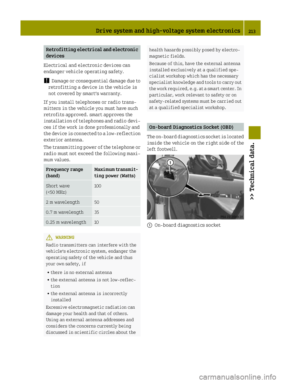 SMART FORTWO COUPE ELECTRIC DRIVE 2015 Owners Manual Retrofitting electrical and electronic
devices
Electrical and electronic devices can
endanger vehicle operating safety.
! Damage or consequential damage due to
retrofitting a device in the vehicle is
SMART FORTWO COUPE ELECTRIC DRIVE 2015 Owners Manual Retrofitting electrical and electronic
devices
Electrical and electronic devices can
endanger vehicle operating safety.
! Damage or consequential damage due to
retrofitting a device in the vehicle is