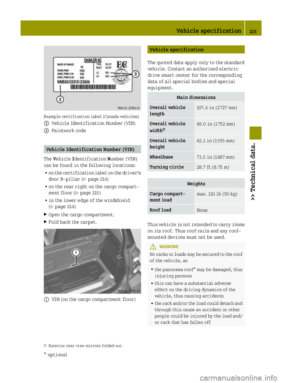 SMART FORTWO COUPE ELECTRIC DRIVE 2015  Owners Manual Example certification label (Canada vehicles)
; Vehicle Identification Number (VIN)
= Paintwork code Vehicle Identification Number (VIN)
The Vehicle Identification Number (VIN)
can be found in the fol