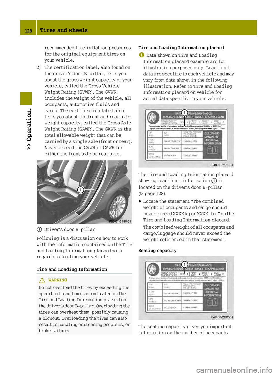 SMART FORTWO COUPE ELECTRIC DRIVE 2013  Owners Manual recommended tire inflation pressures
for the original equipment tires on
your vehicle.
2) The certification label, also found on the driver’s door B‑pillar, tells you
about the gross weight capaci