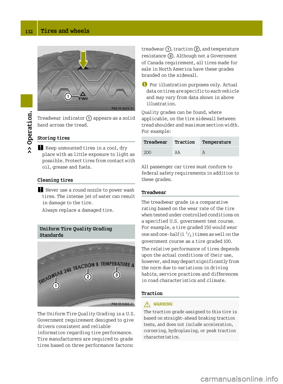 SMART FORTWO COUPE ELECTRIC DRIVE 2013  Owners Manual Treadwear indicator
0002appears as a solid
band across the tread.
Storing tires !
Keep unmounted tires in a cool, dry
place with as little exposure to light as
possible. Protect tires from contact wit