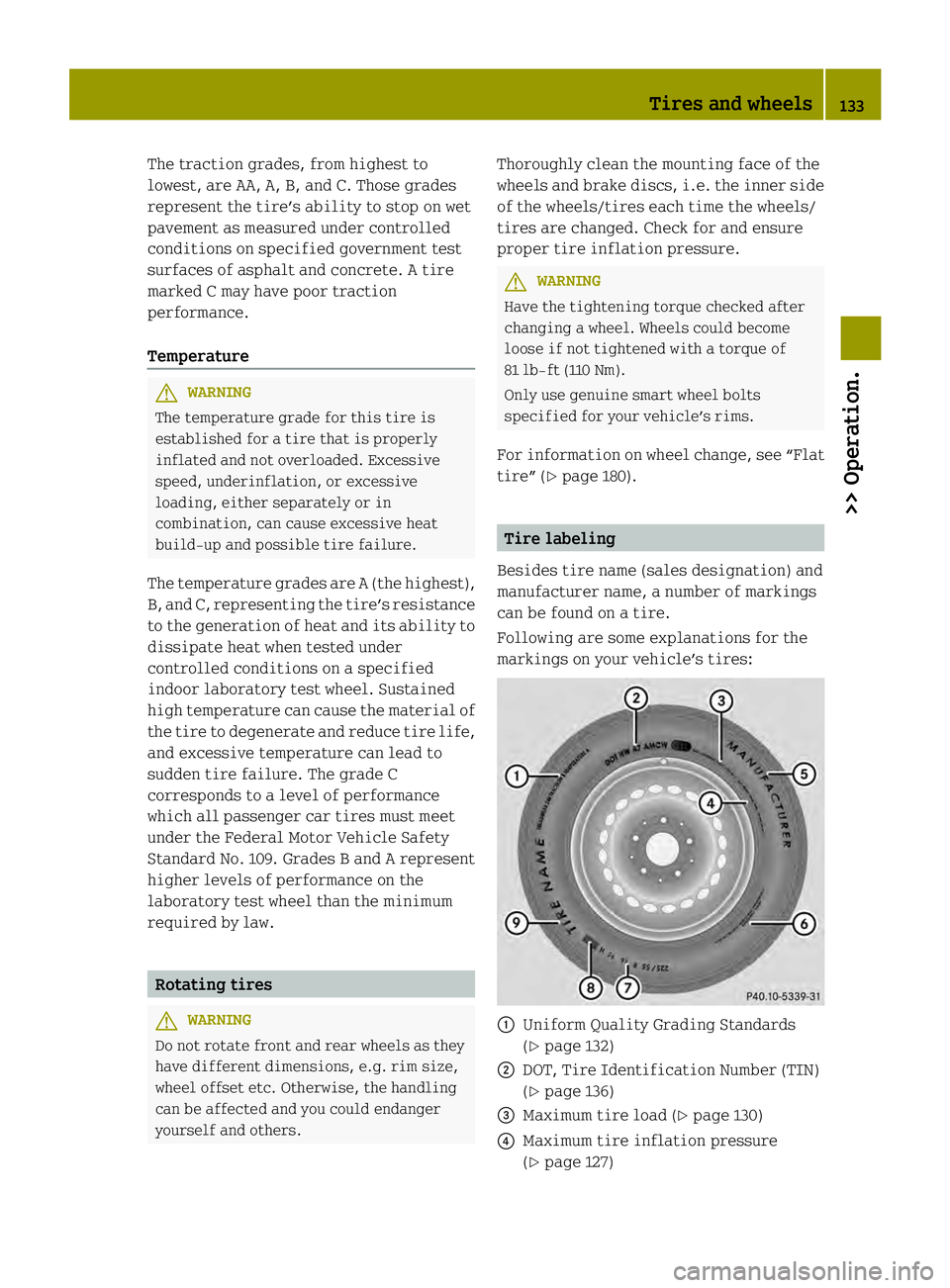 SMART FORTWO COUPE ELECTRIC DRIVE 2013 Owners Manual The traction grades, from highest to
lowest, are AA, A, B, and C. Those grades
represent the tire’s ability to stop on wet
pavement as measured under controlled
conditions on specified government te SMART FORTWO COUPE ELECTRIC DRIVE 2013 Owners Manual The traction grades, from highest to
lowest, are AA, A, B, and C. Those grades
represent the tire’s ability to stop on wet
pavement as measured under controlled
conditions on specified government te