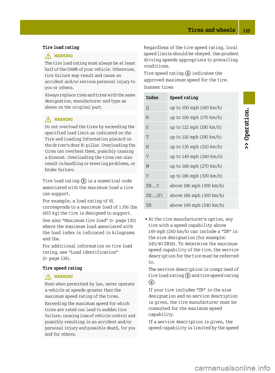 SMART FORTWO COUPE ELECTRIC DRIVE 2013 Owners Manual Tire load rating
G
WARNING
The tire load rating must always be at least
half of the GAWR of your vehicle. Otherwise,
tire failure may result and cause an
accident and/or serious personal injury to
you SMART FORTWO COUPE ELECTRIC DRIVE 2013 Owners Manual Tire load rating
G
WARNING
The tire load rating must always be at least
half of the GAWR of your vehicle. Otherwise,
tire failure may result and cause an
accident and/or serious personal injury to
you