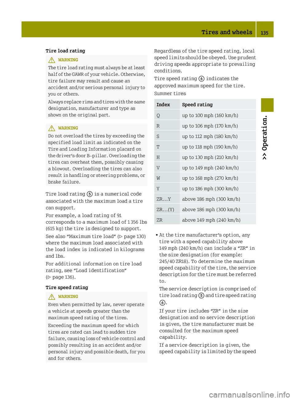 SMART FORTWO COUPE ELECTRIC DRIVE 2013  Owners Manual Tire load rating
G
WARNING
The tire load rating must always be at least
half of the GAWR of your vehicle. Otherwise,
tire failure may result and cause an
accident and/or serious personal injury to
you